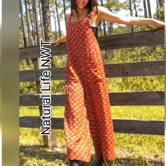 NATURAL LIFE Red/Burgundy and White Patterned Dakota Overall Jumpsuit - Picture 1 of 10